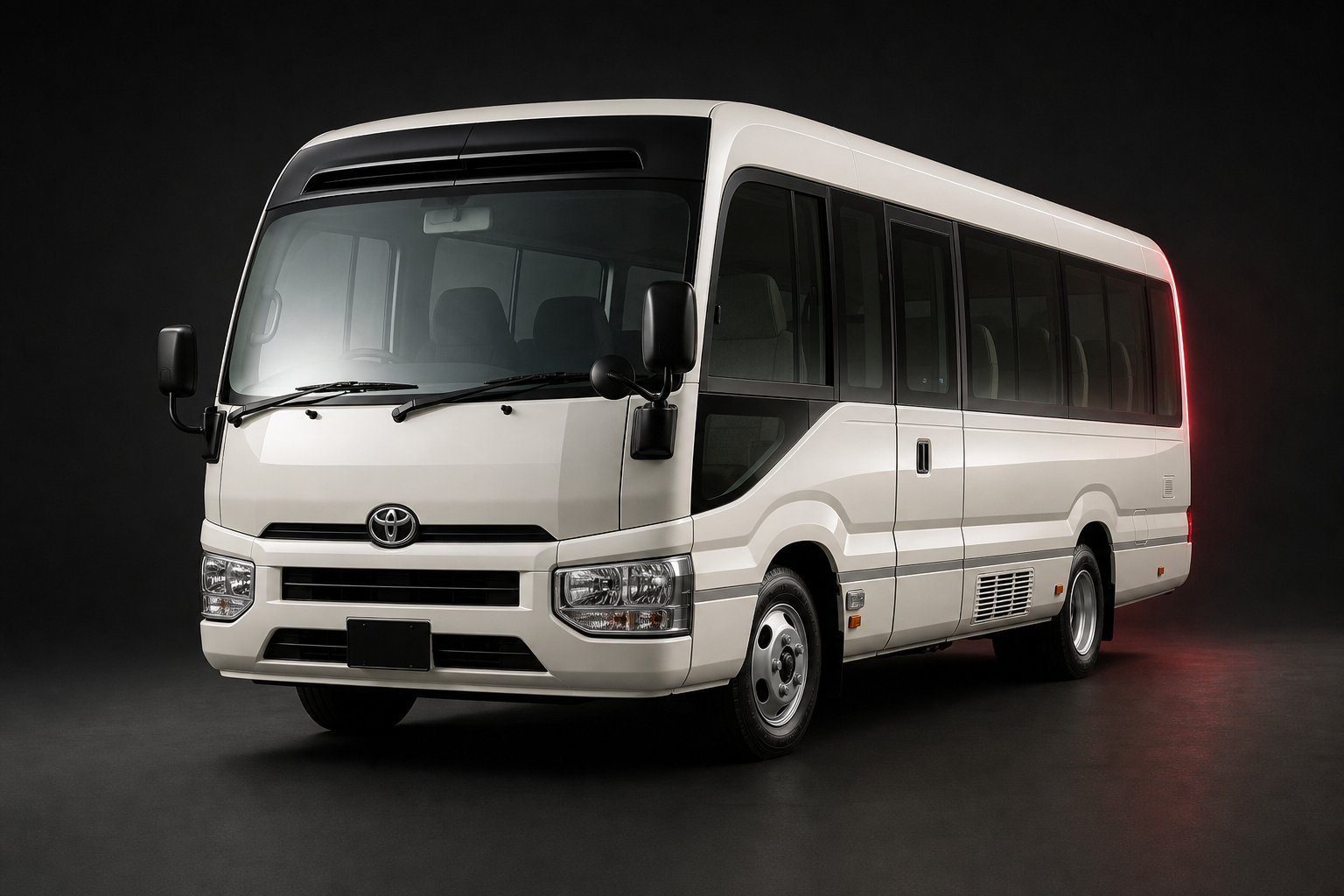 Pearl white Toyota Coaster mini coach