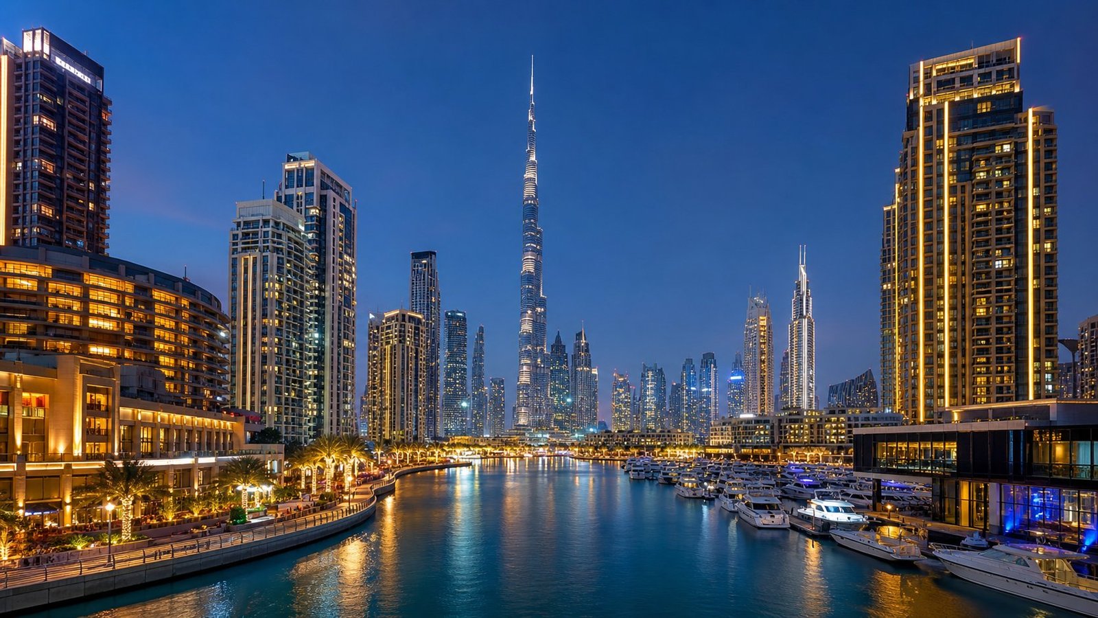 Dubai Marina and Burj Khalifa at blue hour